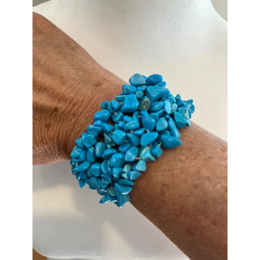 Turquoise Chip Stone Stretch Bracelet Wide Multi Strand Boho Statement Cuff
